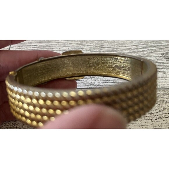 Buckle Gold Tone Bangle Hinged Bracelet Faux Buckle Rhinestones - Picture 5 of 5